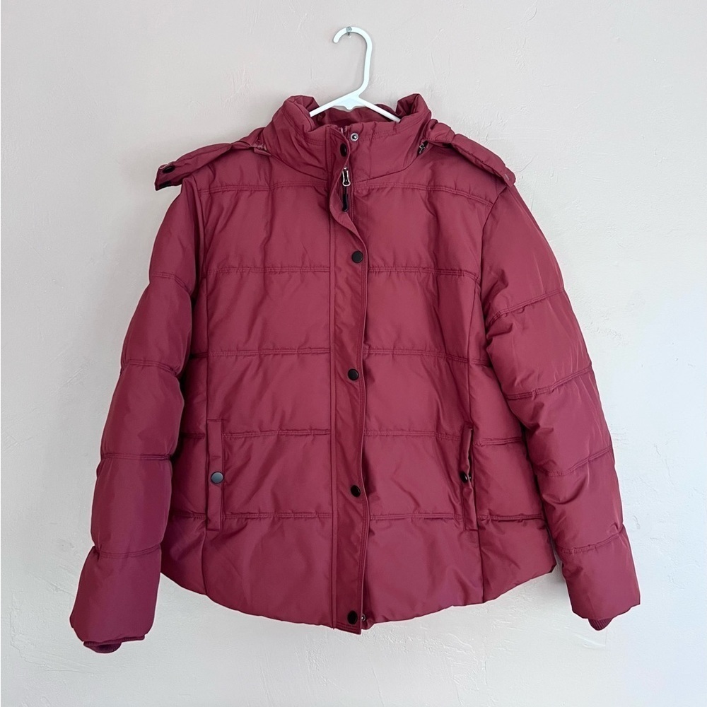 Burgundy Puffer Jacket with Detachable Hood, Size XL